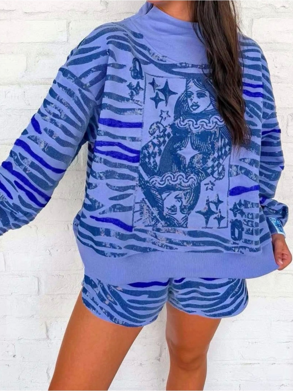 QOS Blue Graphic Zebra-Print Women's Sweater Set